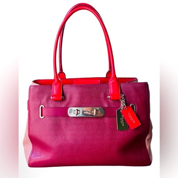 Coach Swagger Carryall Red Leather Colorblock Tote Bag - Picture 1 of 13